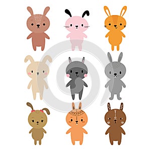 Adorable rabbits. Set of cute cartoon animals. Bunny. Fits for designing baby clothes. Hand drawn smiling characters. Happy animal