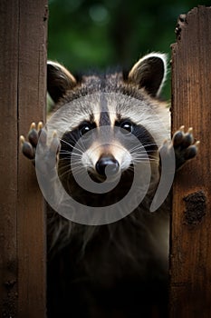 Adorable raccoon joyfully posing, raising paws with a sweet smile, captivating viewers