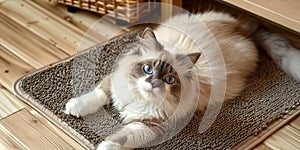 An adorable ragdoll cat on door mat