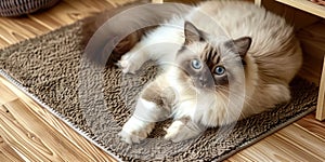 An adorable ragdoll cat on door mat
