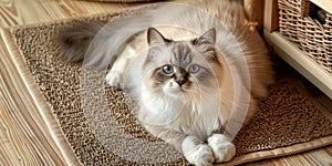 An adorable ragdoll cat on door mat