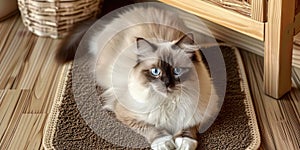 An adorable ragdoll cat on door mat