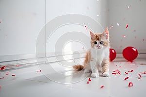 The adorable red cat with red confetti and a party balloons on the white tiled floor. Generative AI