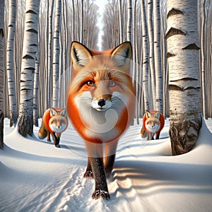 Adorable Red Foxes Wintertime Wilderness Wildlife Snowy Pathway Forest Canada AI Generated