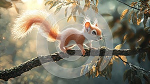 Adorable Red Squirrel on a Branch, Golden Hour Sunlight photo