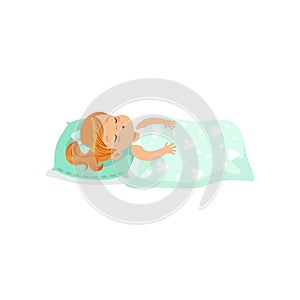 Adorable redhead little girl sleeping on her bed cartoon character vector illustration