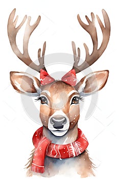 An adorable reindeer in cute face wearing red scraft and red ribbon, cartoon, animal, christmas vibe, printable, white background