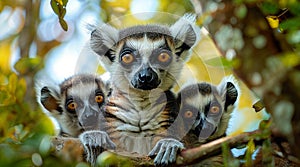 Adorable ring-tailed lemur family on a branch in Madagascar jungle