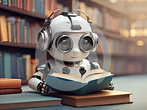 Adorable Robot Reading in the Library: A Whimsical Robotic Scene.