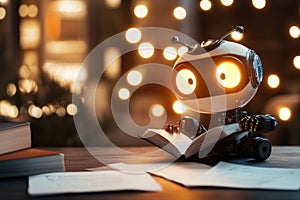 Adorable robot writing a letter in a cozy ambient light setting