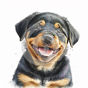Adorable Rottweiler Puppy: Watercolor Painting of a Cute Smiling Canine AI Generated
