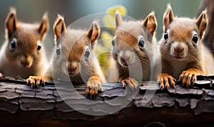 Adorable Row of Curious Squirrels Peeking Over a Tree Branch in a Whimsical Wildlife Portrait