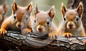 Adorable Row of Curious Squirrels Peeking Over a Tree Branch in a Whimsical Wildlife Portrait