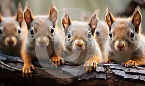 Adorable Row of Curious Squirrels Peeking Over a Tree Branch in a Whimsical Wildlife Portrait