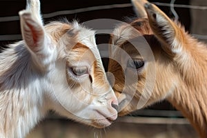 adorable scene of two tiny goats head-butting and nuzzling each other