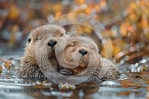 an adorable sea otter couple swimming in water with fall colored leaves