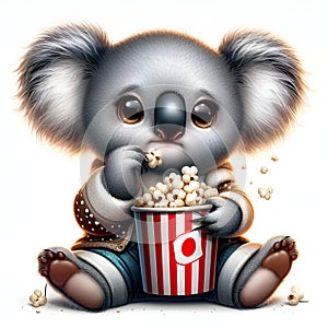 An adorable and shy baby koala, pose in cute with popcorns, with disney style, banksy art, animal