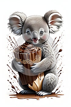 Adorable and shy baby koala, posing in cute with a cocho drink in hands,with banksy art, white background photo