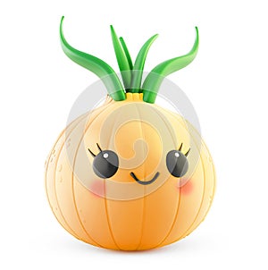 Adorable shy onion character with big eyes and green sprouts