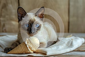 Adorable Siamese Kitten with Blue Eyes Lying on Wooden Surface Next to a Vanilla Ice Cream Cone