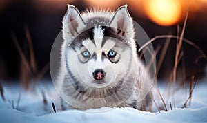 Adorable Siberian Husky Puppy with Striking Blue Eyes Sitting in Snowy Winter Landscape at Dusk Exuding Curiosity and Playfulness