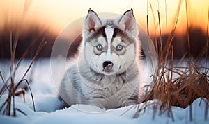 Adorable Siberian Husky Puppy with Striking Blue Eyes Sitting in Snowy Winter Landscape at Dusk Exuding Curiosity and Playfulness