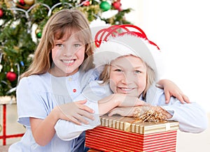 Adorable sibling celebrating christmas