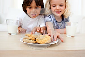 Adorable siblings eating biscuits