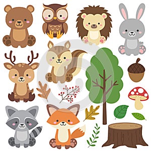Adorable sitting woodland animals vector set. Forest animals in cartoon flat style. Wild animals clipart.