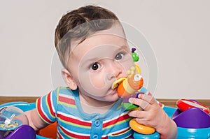 Adorable six month old child chewing a toy. Baby teething.