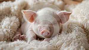 Adorable Sleeping Piglet on Fluffy White Blanket
