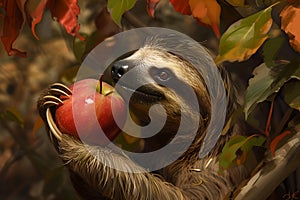 Adorable sloth holding a red apple amidst autumn leaves. wildlife wonder, perfect for thematic designs. AI