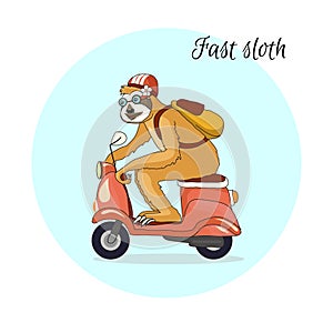 Adorable sloth riding a pink scooter. A sloth female travels by motorcycle in a helmet and with a yellow backpack.