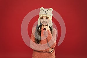 Adorable small bear. Winter outfit. Little kid wear knitted hat. Stay warm. Little girl winter fashion accessory. Small