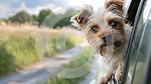 Adorable Small Dog Enjoying a Car Ride, Gazing Outside the Window. Cute Pet Travel Concept Captured in Natural Light. AI