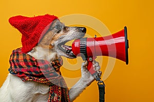 Adorable small dog using a megaphone to make an announcement in a charming and endearing manner photo
