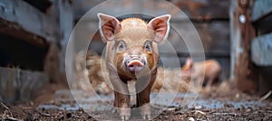 Adorable small piglet in a charming farmyard, exuding delightful and endearing charm photo