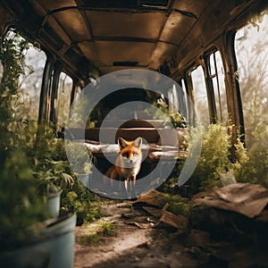 Adorable small red fox perched in an old public transportation bus, AI-generated.