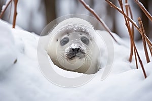 Adorable small white seals relaxing in the serene beauty of untamed snowy nature