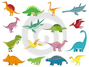 Adorable smiling dinosaurs. Cute baby stegosaurus dinosaur. Prehistoric cartoon animals of jurassic era isolated vector set