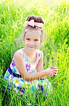 Adorable smiling little girl on the meadow with flowers
