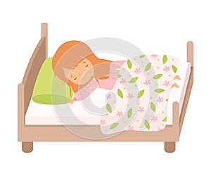 Adorable Smiling Red Haired Little Girl Sleeping Sweetly in Her Bed under Blanket Vector Illustration