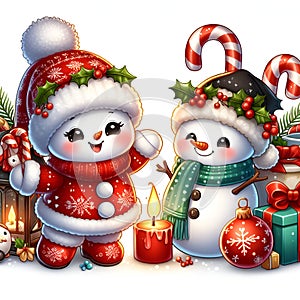 The adorable snowmans in holiday costums, with candy cane, christmas gifts, cute and warm christmas theme, cartoon style, fantasy photo