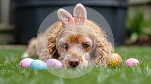 Adorable Spaniel dog in bunny ears and colorful easter eggs on green grass