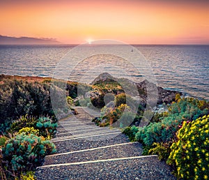 Adorable spring scene of Milazzo cape. Amazing sunset on nature reserve Piscina di Venere, Sicily, Italy, Europe. Picturesque even photo