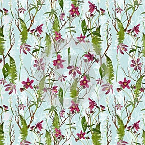 Adorable springtime background with Fern leaves, checkered lily and aquilegia