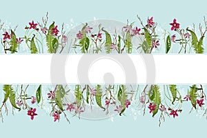 Adorable springtime background with Fern leaves, checkered lily and aquilegia