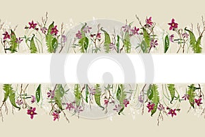 Adorable springtime background with Fern leaves, checkered lily and aquilegia