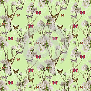 Adorable springtime seamless pattern with apple blossom and butterflies