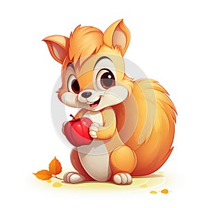 adorable squirrel cartoon with apple in hand on white background, AI Generative.